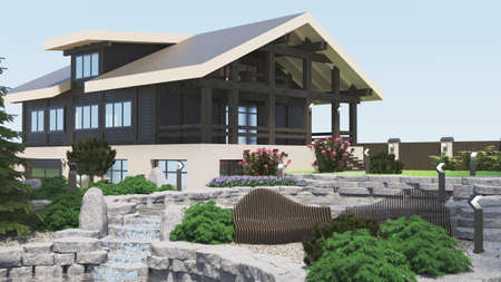 Large pond in a country villa. Vacation home. 3d rendering.の写真素材