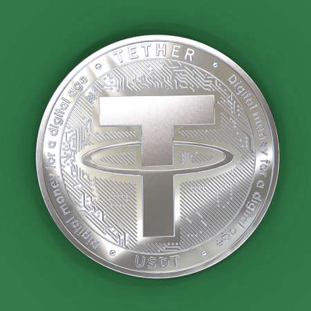 Tether. Cryptocurrency silver coins. Cryptocurrency mining. 3D illustration. Coin on a green background.の写真素材