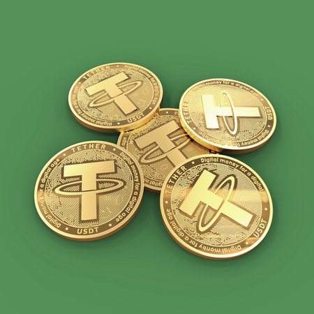 Tether. Five gold coins of the cryptocurrency. Cryptocurrency mining. 3d illustration.