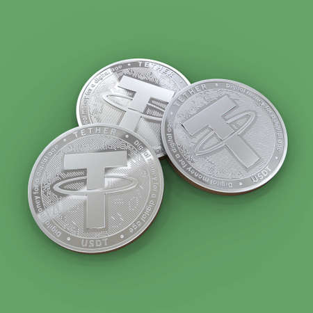 Tether. Three silver coins of the cryptocurrency. Cryptocurrency mining. 3d illustration. Coins on a green background.の写真素材