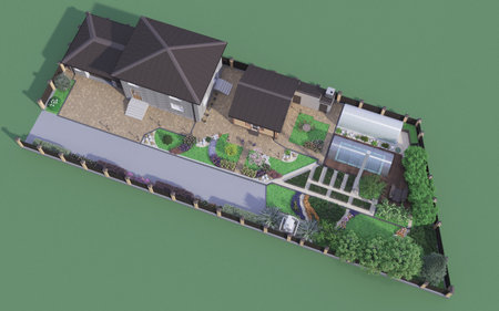 Vacation home. Garden design. Landscaping. 3d rendering.の写真素材