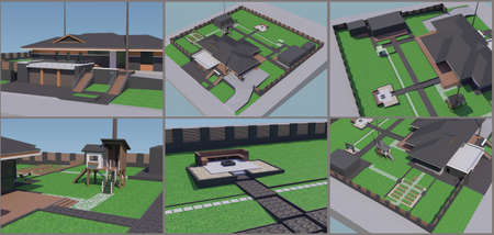 Design solution for a country house site. 3d rendering. Location of objects relative to the house. The solution of the entrance area for the house.の写真素材