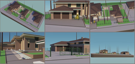 Design solution for a country house site. 3d rendering. Location of objects relative to the house. The solution of the entrance area for the house.の写真素材