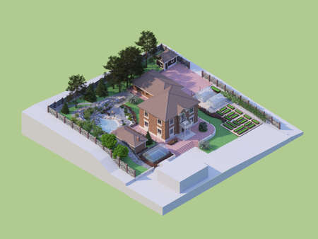 Landscape project of a suburban area. 3d rendering. Isometry.の写真素材