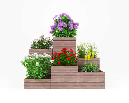 Wooden flower bed for plants. 3d rendering. white background.の写真素材