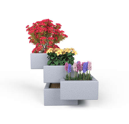 Granite flower bed on a white background. Plants and flowers. 3d. 3d rendering.の写真素材