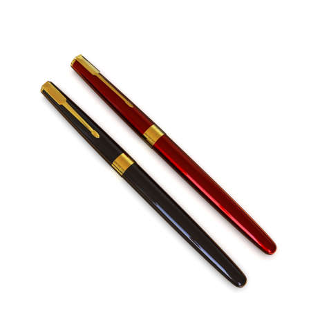 Collection of black and dark red ballpoint pens. On a white background.3d rendering.の写真素材