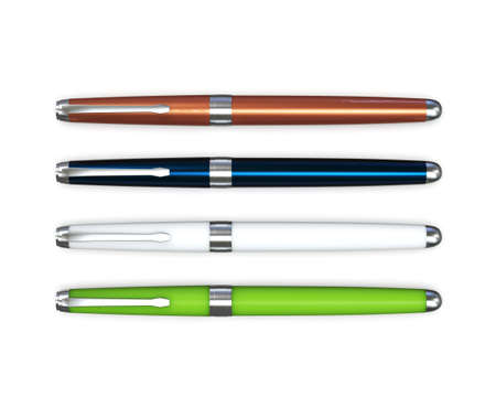 Ballpoint pens in four colors on a white background. 3d rendering.の写真素材