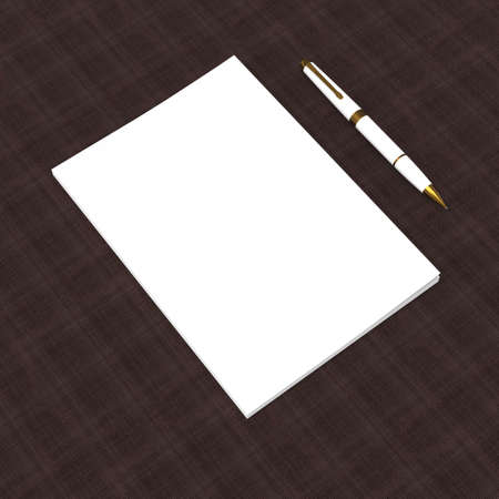 A white paper and an a5 and a4 size box for inserting an image or brand. Book and branded pen on a textile background. 3d rendering.の写真素材