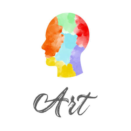 Abstract art watercolor silhouette human profile logo with paint colorful background.Creative design template sign mind, symbol people IQ, art therapy, icon brain. Vector illustration business companyのイラスト素材