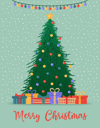 Vector illustration of holiday Christmas and New Year 2021 greeting card with green Christmas tree and star on greenのイラスト素材