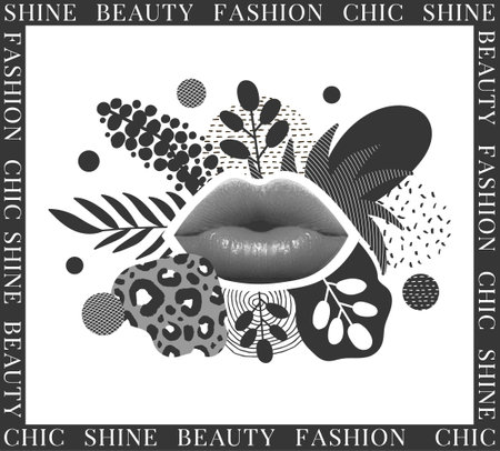 Abstract of modern digital collage poster with lips and liquid circles shape with doodle elementのイラスト素材