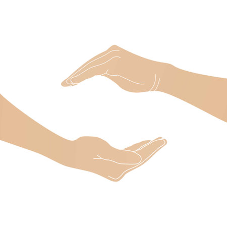 Abstract vector silhouette of two hands of man or woman with fingers of the left and right palms of beige color, holding a blank or your object. On the background, a frame.Design template icon handsのイラスト素材