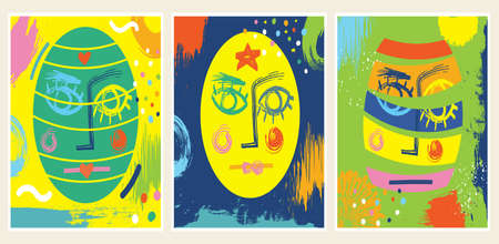 Art Surreal Faces portrait colorful with background liquid abstract shapes.Grunge design painting style.Contemporary Hand drawn Vector illustrations with isolated elements.Template cover social media.のイラスト素材