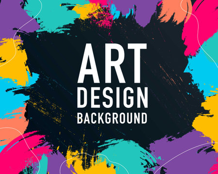 Art design black business background with modern colorful splash paint drawing grunge brush banner.Design template flyer, card, social media cover, brochures, vector frame graphics dynamic for hipstersのイラスト素材