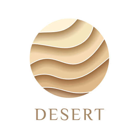 Sand logo, dunes, icon beach, sign desert abstract pattern of wavy lines in beige gold color paper cut background.Logo template, badge, label, stamp, pictogram for tourism, travel, arabian landscape.Vectorのイラスト素材