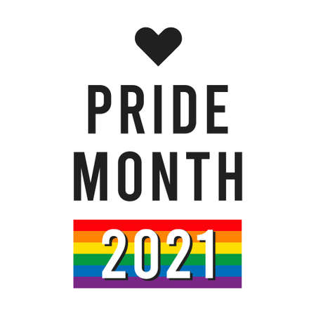 Pride month 2021 logo card with minority flag.Banner Love is love.Rainbow Pride symbol with heart, LGBT, sexual minorities, gays and lesbians.Designer sign, logo, icon: colorful rainbow in background.Vectorのイラスト素材