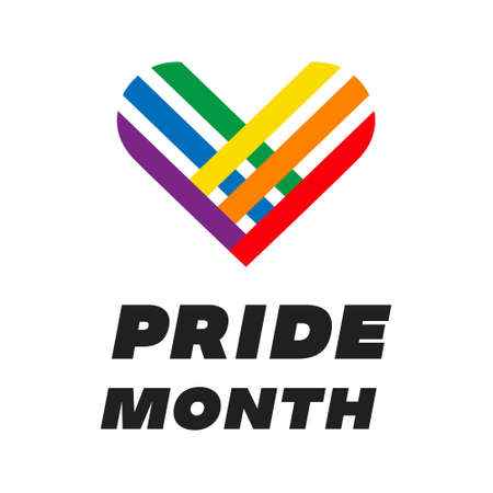 Pride month 2021 logo card with minority flag.Banner Love is love.Rainbow Pride symbol with heart, LGBT, sexual minorities, gays and lesbians.Designer sign, logo, icon: colorful rainbow in background.Vectorのイラスト素材