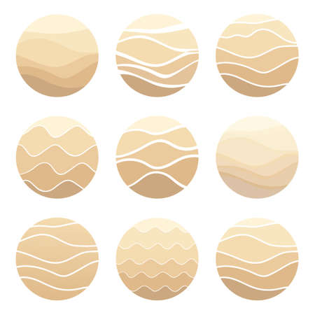 Sand, dunes, beach, desert abstract template logo pattern of wavy lines in beige color. Logo template, icon, badge, pictogram, symbol, sign for tourism, travel, hot places. Vector collection.のイラスト素材