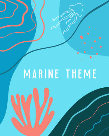 Abstract background marine theme. Template texture sea waves, ocean water, rivers, lakes. Water with a pattern of wavy lines. Frames for text. Great for covers, textile prints, wallpapers. Vector.のイラスト素材