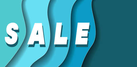 Abstract vector paper cut wavy design blue SALE banner.Marine style sea waves.Poster business company, digital industry technology, building architecture, travel agency flyer, hotel promotion, sign waterのイラスト素材