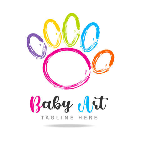 Kids art bright colorful paint print of the palm of baby hand with fingers.のイラスト素材