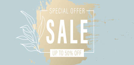 Spring blue with gold patina sale, new collection, super big finale special offer, horizontal banner bright background.Abstract discount design template sale layout poster.Mega sale vector illustrationのイラスト素材