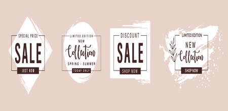 Grunge frames with text sale, new collection, super big finale special offer.Spring floral pink border background with scuffs white.Border for banner, flyer, social media.Vector template poster discountのイラスト素材