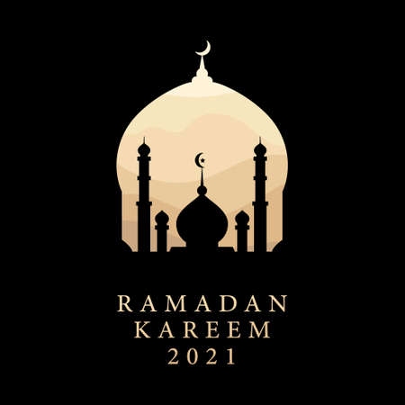 Ramadan Kareem 2021 islamic vector design banner celebration greeting card, background arabic islam mosque, mubarac crescent moon and mosque dome silhouette with arabic wavy golden sand desert patternのイラスト素材