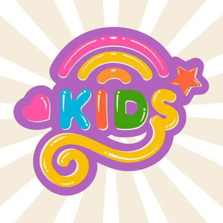 Amusing Lettering Kids shoes and clothes colorful children cartoon logo with rainbow on bright background.Design template icon kid shop, clothing store, sign childhood, symbol baby.Vector illustrationのイラスト素材