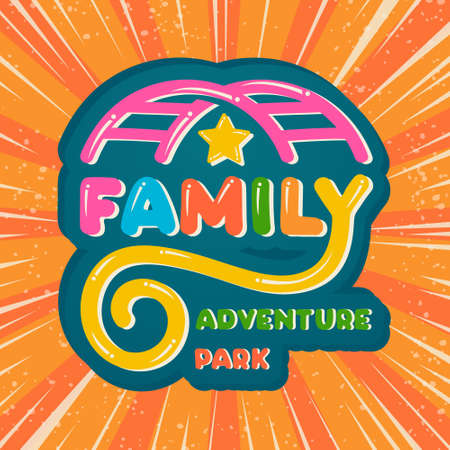 Amusing Lettering family adventure park pastime colorful kids cartoon logo, icon children amusement park, sign playground, symbol roller coaster car bright background.Baby childhood.Vector illustrationのイラスト素材
