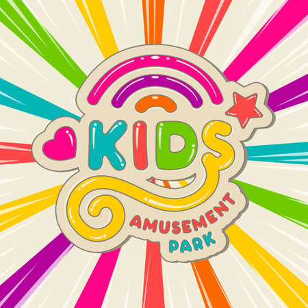 Amusing Lettering logo Kids amusement adventures park colorful cartoon icon with rainbow on bright background.Design template children playground.Vector isolated illustrationのイラスト素材
