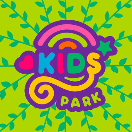 Amusing Lettering logo Kids amusement adventures park colorful cartoon icon with rainbow on bright background.Design template children playground.Vector isolated illustrationのイラスト素材