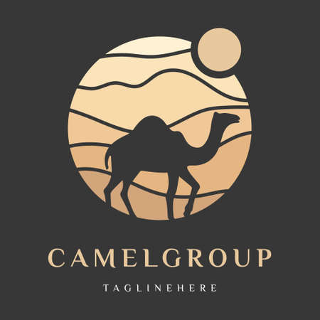 Arabian Logo Camel in desert dunes on beige color gold sand under hot sun in circle wavy pattern background.Design template icon, badge, pictogram, symbol, tourism sign, travel, hot places.Vector isolatedのイラスト素材
