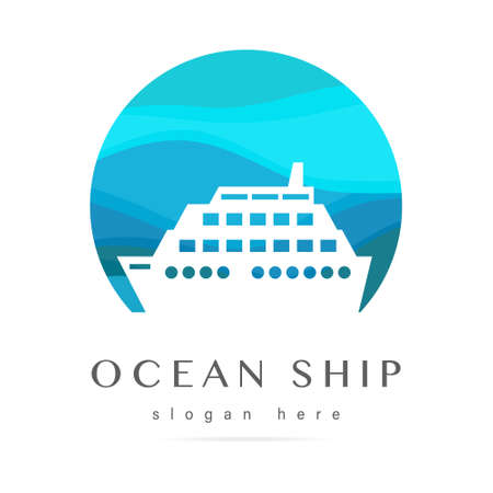 Sea cruise abstract logo, ship business icon, sign ocean liner voyage travel, symbol boat and royal yacht club graphic design template on the waves blue lines background.Vector isolated illustration.のイラスト素材