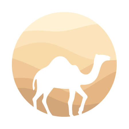 Arabian Logo Camel in desert dunes on beige color gold sand under hot sun in circle wavy pattern background.Design template icon, badge, pictogram, symbol, tourism sign, travel, hot places.Vector isolatedのイラスト素材