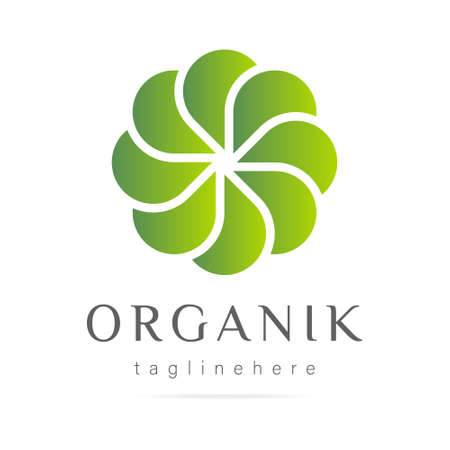 Abstract green sign flower logo icon vector design graphic hand drawn lines eco bio symbol.Template Landscape design, garden symbol, logotype environment business company.Organic plant, nature, vegan foodのイラスト素材