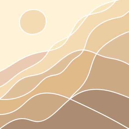 Abstract poster banner art background beige golden sand in desert with dunes, beach coast.Template card sand texture with pattern wavy lines.Great for covers, fabric prints, flyers.Vector illustration.のイラスト素材