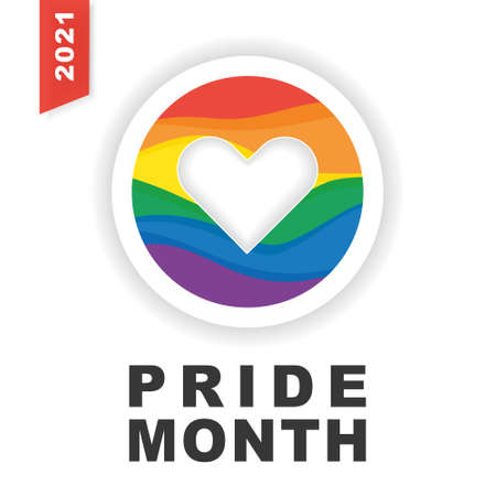 Pride month. Rainbow Pride symbol with heart, LGBT, sexual minorities, gays and lesbians. Designer sign, logo, icon: colorful rainbow on a white background. Signature PRIDE. Vector.のイラスト素材