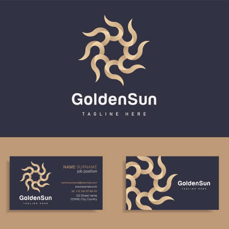 Vector circle golden icon sun logo design template sign for boutique hotel, restaurant, jewelry, wellness spa club, premium beauty salon, travel tourism agency. Sun symbol with lights.のイラスト素材