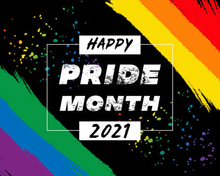Pride month fest logo card with flag.Banner Love is love.Rainbow Pride symbol with heart, LGBT, sexual minorities, gays and lesbians.Designer sign, logo, icon: colorful rainbow on black background.Vectorのイラスト素材