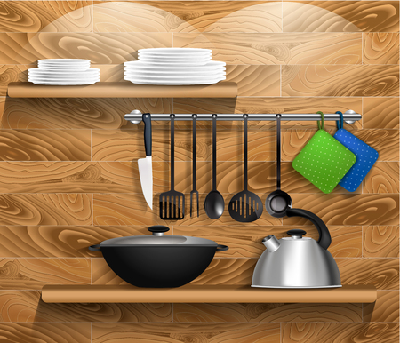 Kitchen tools with kitchenware. Shelf on a wooden wall with utensils, kettle and pan. Vectorのイラスト素材