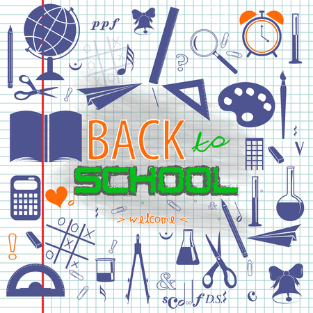 Icon element collection set education. Illustration back to school written on notebook backgroundのイラスト素材