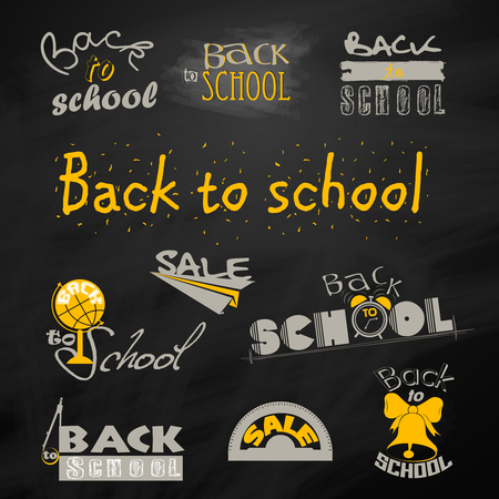 Back to School Calligraphic Designs Label Set On Chalkboard written on blackboard background. Sale. Clearance. Vector Setのイラスト素材