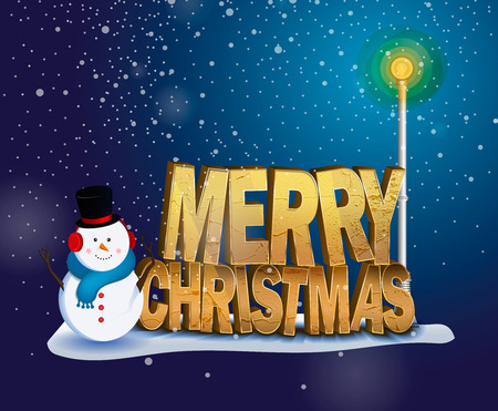 The lettering on Christmas standing in the snow next to a snowman and night lights glowing on a blue background. Snow falls. Vector illustrationのイラスト素材