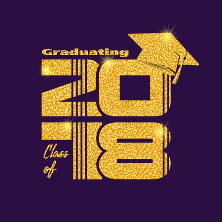 Graduation label. Vector text for graduation design, congratulation event, party, high school or college graduate. Gold Lettering Class of 2018 for greeting, invitation cardのイラスト素材