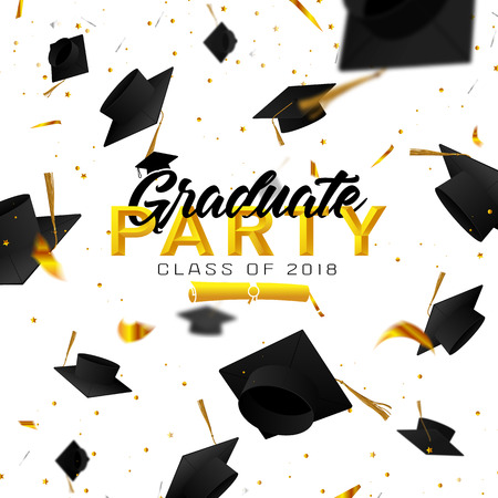 Graduate caps and confetti on a white background. Caps thrown up. Typography greeting, invitation card with diplomas, hat, lettering.のイラスト素材