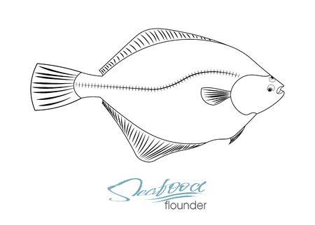 Flounder fish silhouette. Linear silhouette sea fish. Vector illustration. Icon badge flounder fish for design seafood packaging and market. Edible sea foodのイラスト素材