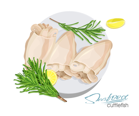Illustration of a dish of cuttlefish with lemon and rosemary on a plate. Cuttlefish cooked. Icon, logo, symbol. Delicacy. Vector illustrationのイラスト素材