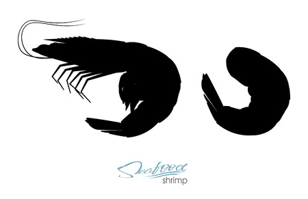 Silhouette shrimp. Linear silhouette shrimp. Shrimps badge for design seafood packaging and market, food packaging or underwater sea animal themed design. Vector illustration.のイラスト素材